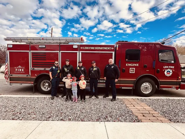 Three kids in red plastic firefighter hats standing with five Lehi firefighters in front of Engine 81